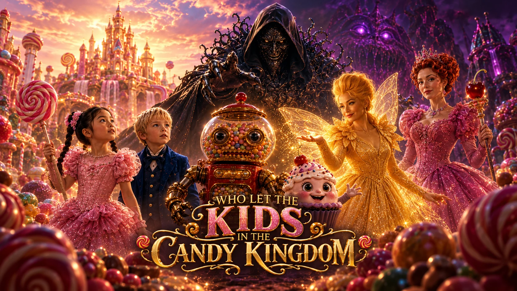 Flagship cinematic key art for Who Let the Kids in the Candy Kingdom featuring the young heroes, Bubblegum Bot, Princess Cherry and the dark looming threat.