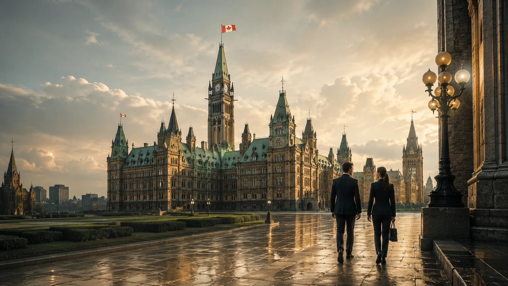 Canadian public institution in warm evening light.